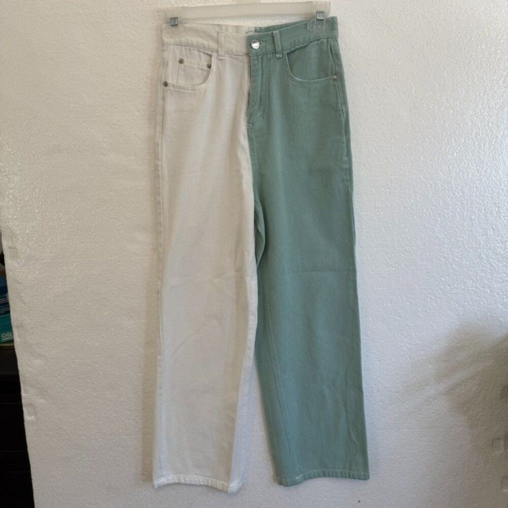 Shekou Two Tone Split Green White High Rise Denim Jeans KPop Wide Leg Size SM 24